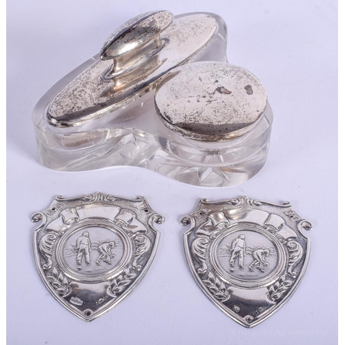 2136 - A PAIR OF 1930S SILVER MEDALS Birmingham 1937 and a glass inkwell. Silver 50 grams. (3)