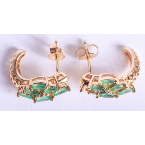 2149 - A PAIR OF GOLD AND EMERALD EARRINGS. 3.1 grams.