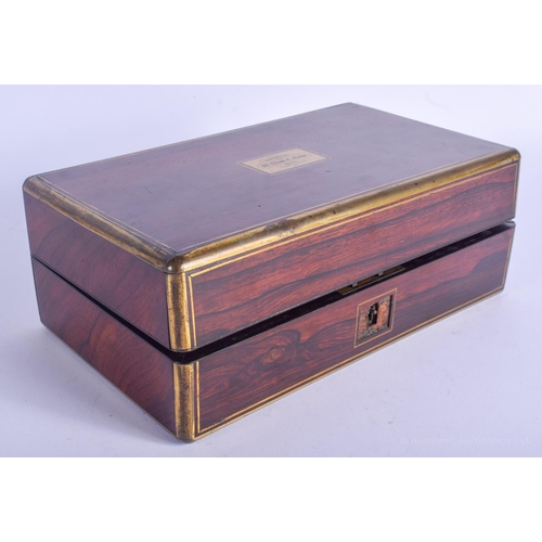 2151 - A GOOD MID 19TH CENTURY ENGLISH ROSEWOOD BRASS BOUND TRAVELLING BOX. London 1843. 22 cm x 14 cm.