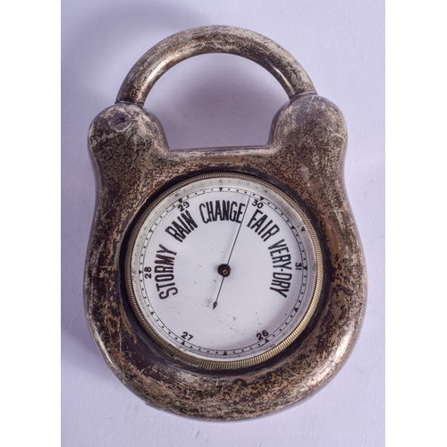 2152 - A VERY RARE SILVER PADLOCK BAROMETER. 273 grams. 6.5 cm x 9.5 cm.