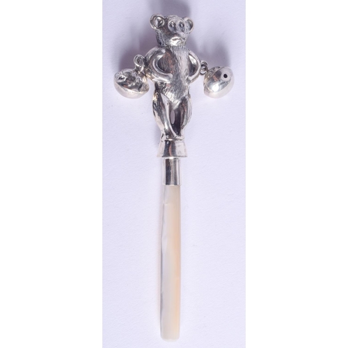 2160 - A SILVER BEAR BABIES RATTLE. 9.5 cm long.