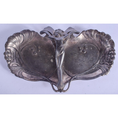 2175 - A STYLISH ART NOUVEAU PEWTER TRAY formed with a nude female over a berry wrapped dish. 30 cm x 14 cm... 