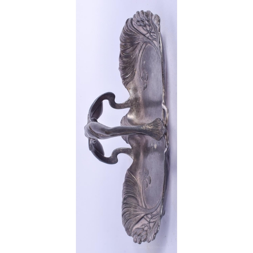 2175 - A STYLISH ART NOUVEAU PEWTER TRAY formed with a nude female over a berry wrapped dish. 30 cm x 14 cm... 