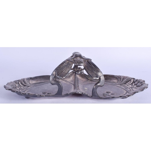 2175 - A STYLISH ART NOUVEAU PEWTER TRAY formed with a nude female over a berry wrapped dish. 30 cm x 14 cm... 