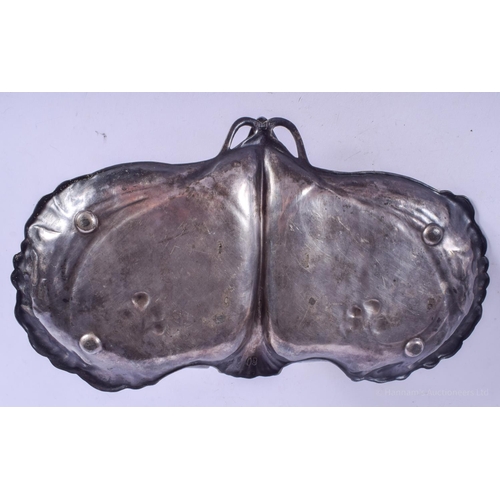 2175 - A STYLISH ART NOUVEAU PEWTER TRAY formed with a nude female over a berry wrapped dish. 30 cm x 14 cm... 