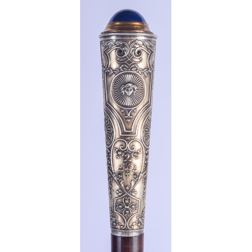 2183 - A VINTAGE SILVER AND LAPIS LAZULI CANE HANDLE. 33 cm long.