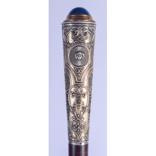 2183 - A VINTAGE SILVER AND LAPIS LAZULI CANE HANDLE. 33 cm long.