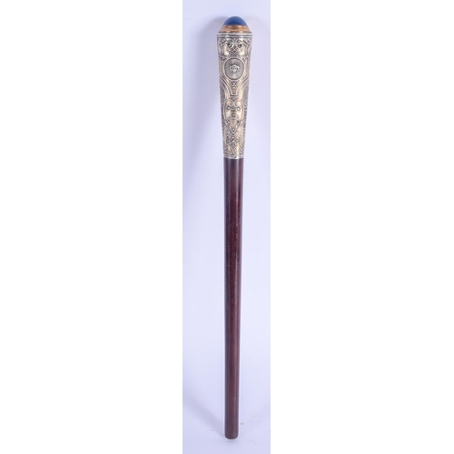 2183 - A VINTAGE SILVER AND LAPIS LAZULI CANE HANDLE. 33 cm long.