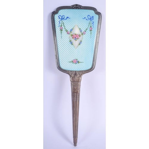 2186 - A LARGE EARLY 20TH CENTURY SILVER AND ENAMEL MIRROR. 518 grams. 37 cm x 11 cm.