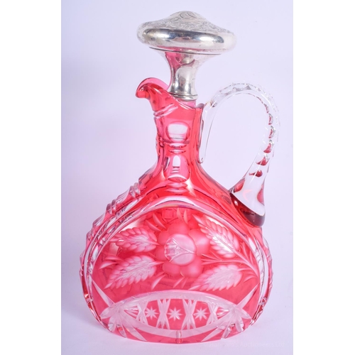 2188 - A CRANBERRY FLASH GLASS SILVER DECANTER. 24 cm x 11 cm.