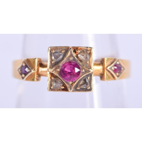 2200 - AN ANTIQUE 18CT GOLD RUBY AND DIAMOND RING. 3 grams. N/O.