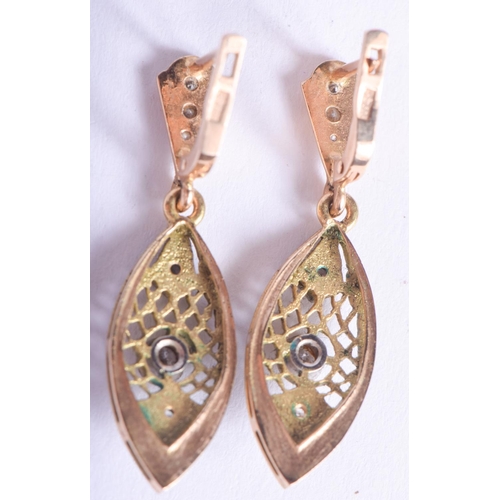 2213 - A PAIR OF ART DECO 14CT GOLD DIAMOND AND EMERALD EARRING. 6.5 grams. 2.5 cm long.