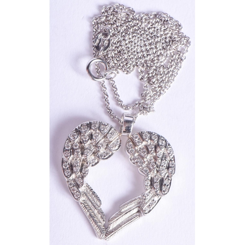 2214 - A LOVELY PLATINUM AND DIAMOND DOUBLE WING ANGEL NECKLACE. 10.6 grams. Pendant 2.8 cm x 1.8 cm.