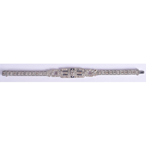 2218 - A FINE ART DECO DIAMOND AND PLATINUM BRACELET with sapphire banding. 14.5 grams. 18 cm x 1.4 cm.