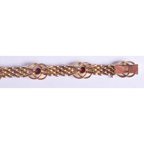 2224 - AN ANTIQUE 9CT GOLD AND AMETHYST BRACELET. 14.3 grams. 19.5 cm x 1.2 cm.