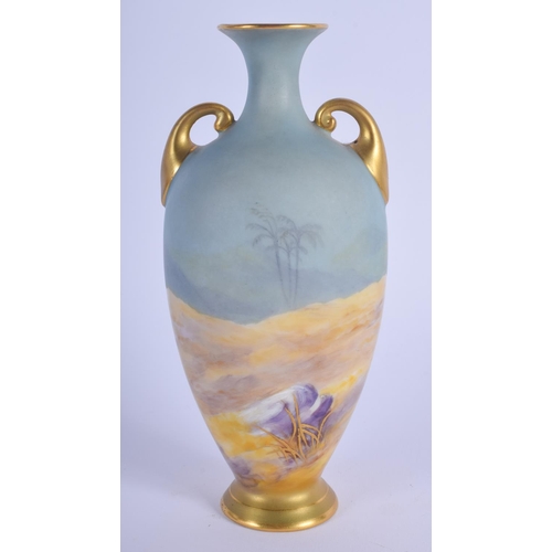 237 - A LOVELY ROYAL WORCESTER TWIN HANDLED BLUE VASE by Charlie Johnson. 17 cm high.