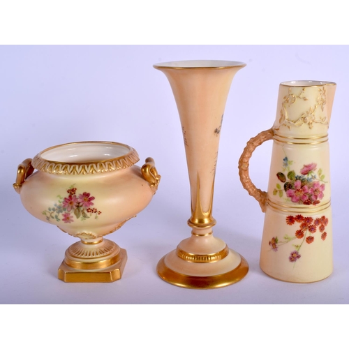 239 - 19th /20th c. Royal Worcester blush ivory: a conical vase on a raised foot, a two handled urn and a ... 