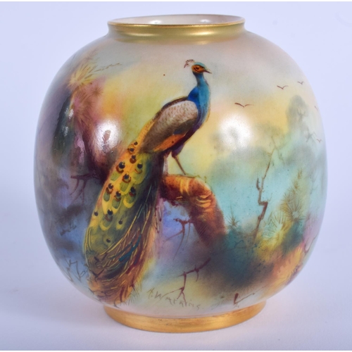 244 - A ROYAL WORCESTER PEACOCK BULBOUS VASE by Watkins. 8 cm x 5.5 cm.