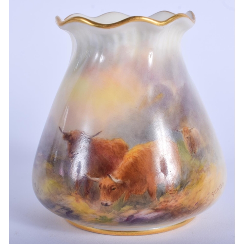 245 - A ROYAL WORCESTER CRIMPED HIGHLAND COW VASE by Stinton. 8 cm x 6.5 cm.