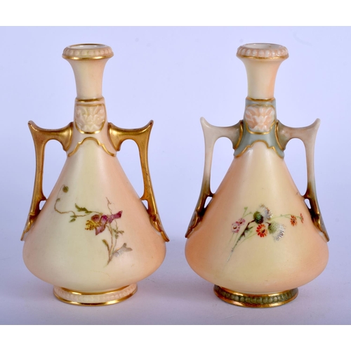 249 - Royal Worcester two shape 1021 miniature blush ivory vases shape 1021 date code for 1895 & 1898. 10.... 