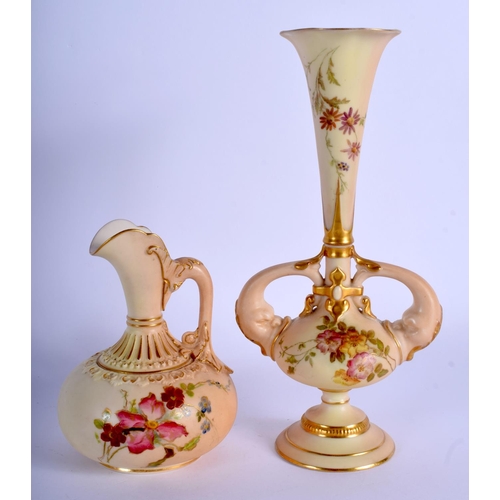 253 - Royal Worcester blush ivory vase shape 1749 having tall neck and two handles and a ewer shape 1136. ... 