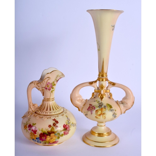 253 - Royal Worcester blush ivory vase shape 1749 having tall neck and two handles and a ewer shape 1136. ... 