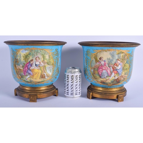 260 - A FINE LARGE PAIR OF 19TH CENTURY SEVRES PORCELAIN CACHE POTS painted with lovers within a landscape... 