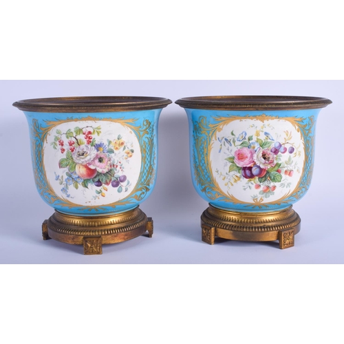 260 - A FINE LARGE PAIR OF 19TH CENTURY SEVRES PORCELAIN CACHE POTS painted with lovers within a landscape... 