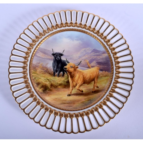 264 - Late 19th /20th c. Cauldon pierced plate painted with two highland cattle by D. Birbeck, signed, mar... 