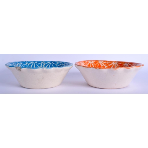 279 - A PAIR OF ANTIQUE CONTINENTAL SPONGE WARE RURAL BOWLS painted with cows on an unusual colourway. 17 ... 