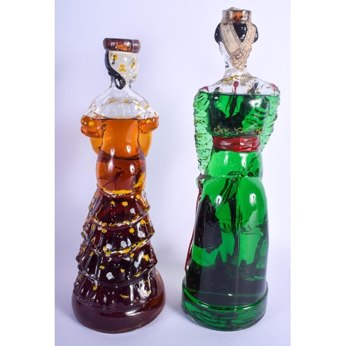 28 - TWO VINTAGE SPANISH GLASS LIQUOR DECANTERS AND STOPPERS Barcelona. Largest 34 cm high. (2)