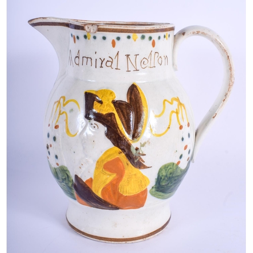 292 - A RARE 19TH CENTURY CREAMWARE ADMIRAL NELSON & COLLINWOOD JUG painted with portraits. 16 cm x 11 cm.