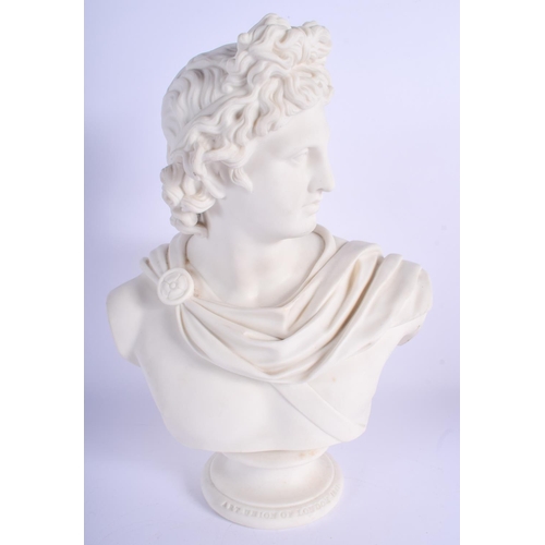 296 - A 19TH CENTURY ENGLISH PARIAN WARE BUST OF APOLLO Art Union of London 1861. 33 cm x 17 cm.