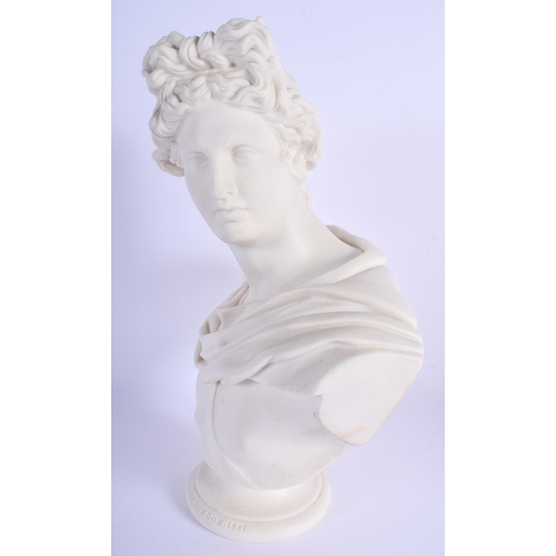 296 - A 19TH CENTURY ENGLISH PARIAN WARE BUST OF APOLLO Art Union of London 1861. 33 cm x 17 cm.