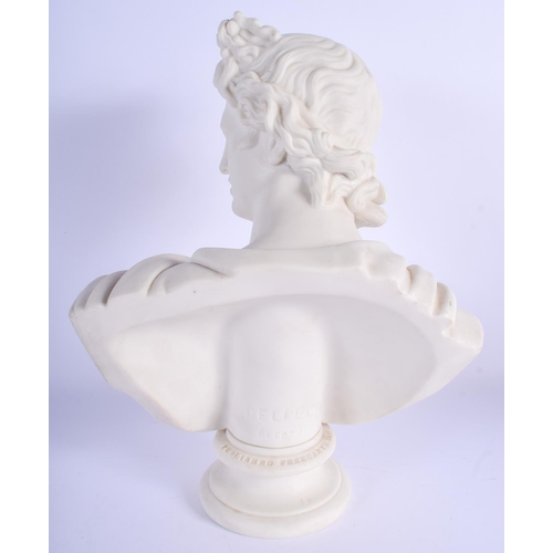 296 - A 19TH CENTURY ENGLISH PARIAN WARE BUST OF APOLLO Art Union of London 1861. 33 cm x 17 cm.