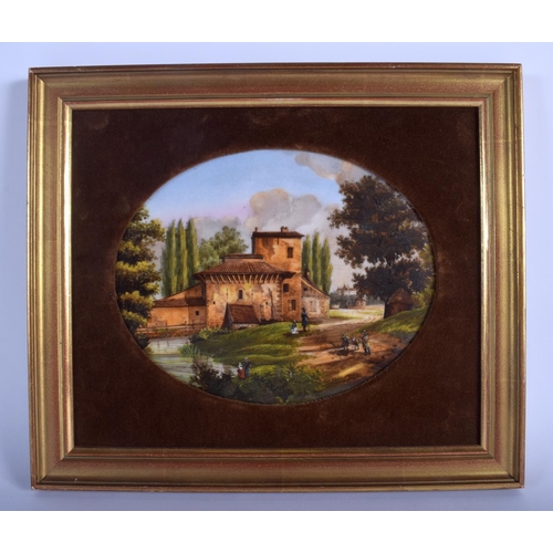 299A - A 19TH CENTURY FRENCH PORCELAIN PLAQUE painted with rural scenes. Porcelain 20 cm x 17 cm.