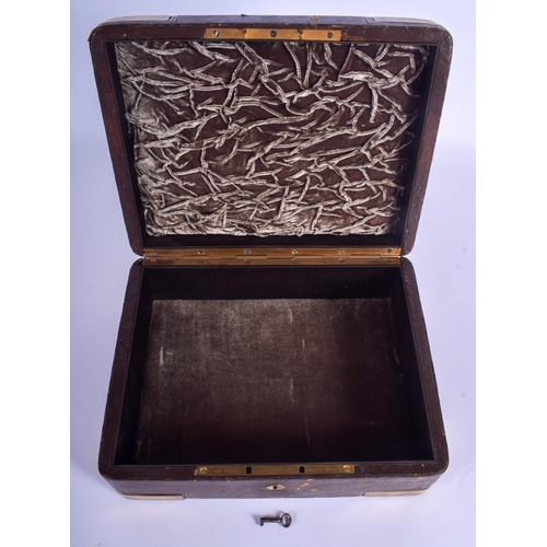 302 - A 19TH CENTURY FRENCH BRASS MOUNTED LEATHER VANITY CASE Louis Dujat, Palais Royal. 26 cm x 21 cm.