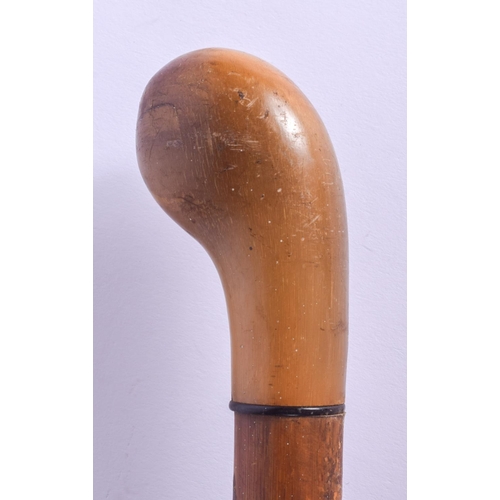 305 - A 19TH CENTURY CONTINENTAL CARVED RHINOCEROS HORN WALKING CANE. 80 cm long.