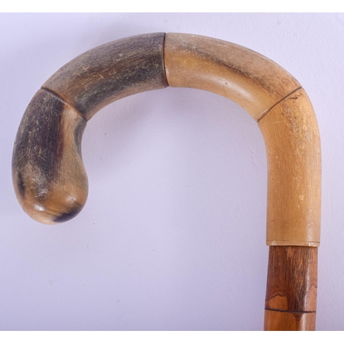 306 - A 19TH CENTURY CONTINENTAL CARVED RHINOCEROS HORN WALKING CANE. 80 cm long.