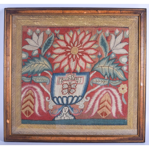 314 - A VERY UNUSUAL PAIR OF 18TH CENTURY EMBROIDERED SAMPLER PANELS by Pru Nisbit C1747. Image 48 cm x 35... 