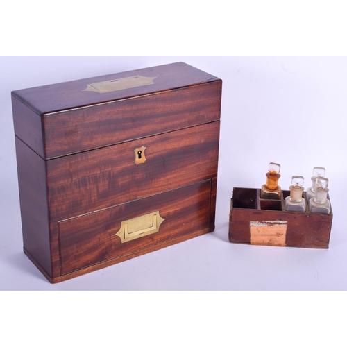 327 - A RARE 19TH CENTURY ENGLISH MAHOGANY APOTHECARY TRAVELLING MEDICINE CHEST inset with bottles, togeth... 