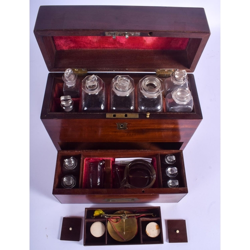 327 - A RARE 19TH CENTURY ENGLISH MAHOGANY APOTHECARY TRAVELLING MEDICINE CHEST inset with bottles, togeth... 