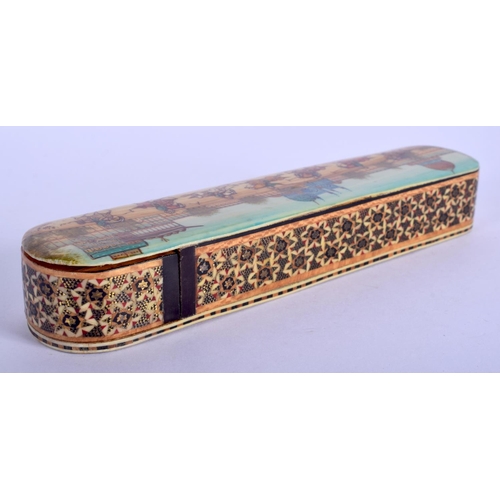 331 - AN EARLY 20TH CENTURY MIDDLE EASTERN SLIDING MICRO MOSAIC BOX AND COVER painted with polo scenes. 20... 