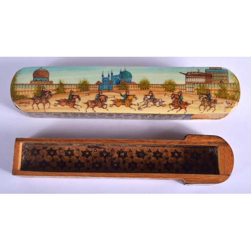 331 - AN EARLY 20TH CENTURY MIDDLE EASTERN SLIDING MICRO MOSAIC BOX AND COVER painted with polo scenes. 20... 