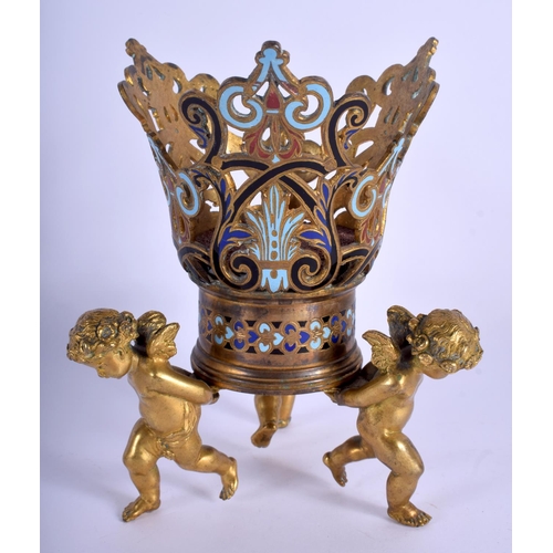 332 - A FINE 19TH CENTURY FRENCH ORMOLU AND CHAMPLEVÉ ENAMEL GLASS HOLDER formed with three roaming cherub... 