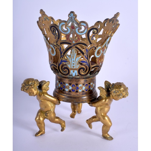 332 - A FINE 19TH CENTURY FRENCH ORMOLU AND CHAMPLEVÉ ENAMEL GLASS HOLDER formed with three roaming cherub... 