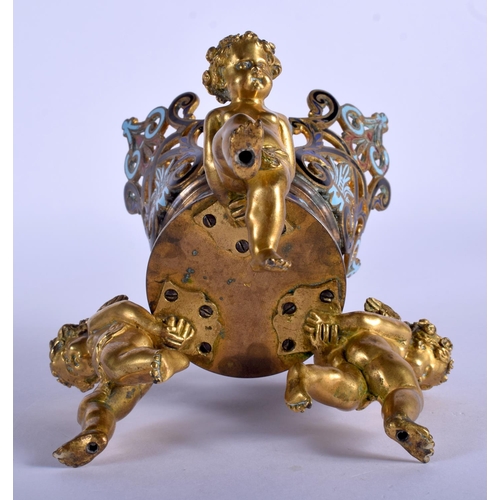 332 - A FINE 19TH CENTURY FRENCH ORMOLU AND CHAMPLEVÉ ENAMEL GLASS HOLDER formed with three roaming cherub... 