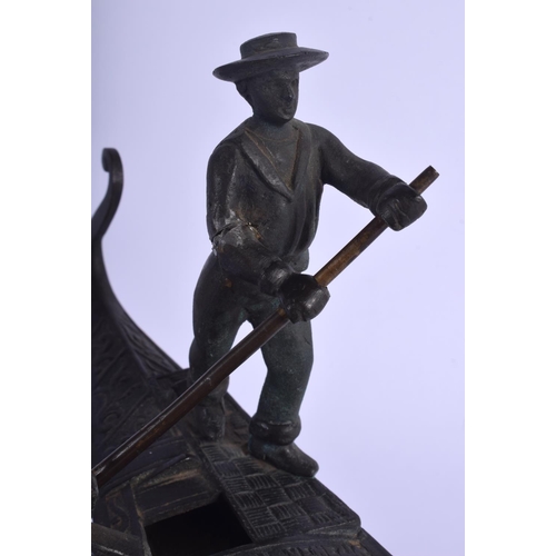 343 - A RARE ANTIQUE VENETIAN ITALIAN BRONZE FIGURE OF A GONDOLA decorated with flowers. 48 cm x 23 cm.