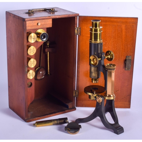 348 - A 19TH CENTURY ENGLISH WILLIAM WRAY BRASS COMPOUND MICROSCOPE with several named ¼ inch to 3 inch le... 