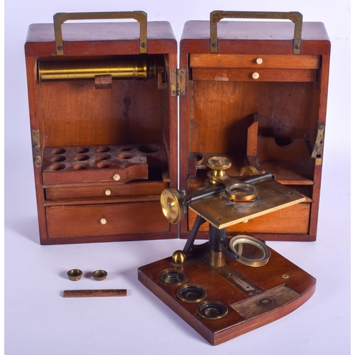 349 - AN UNUSUAL 19TH CENTURY ENGLISH BRASS MICROSCOPE TYPE INSTRUMENT within a box with vacant compartmen... 